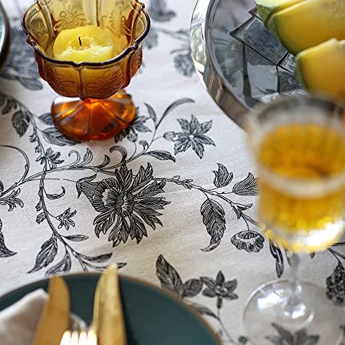 SUTAVIA Boho Cotton Linen Tablecloth Bohemian Black Floral Beige Fabric Tassel Lace Farmhouse Table Top Dust-Proof for Home Kitchen Holiday Party Dining Table (Black Flower, Rectangle, 52"x70") - Image 4