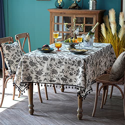 SUTAVIA Boho Cotton Linen Tablecloth Bohemian Black Floral Beige Fabric Tassel Lace Farmhouse Table Top Dust-Proof for Home Kitchen Holiday Party Dining Table (Black Flower, Rectangle, 52"x70") - Image 5