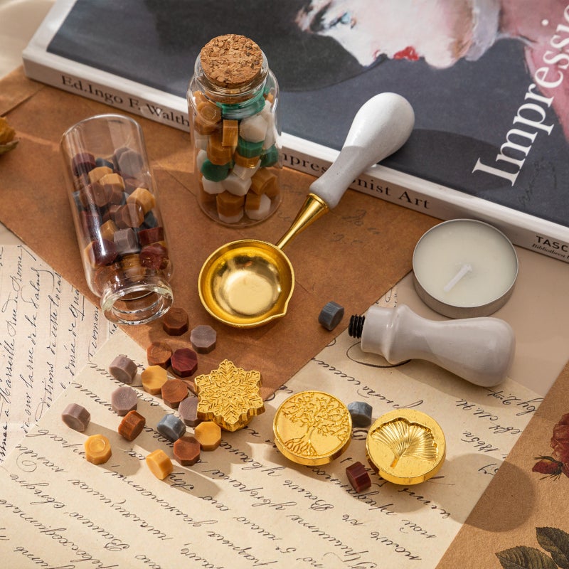 Wax Seal Stamp Kit with 3pcs Seal Stamp and 2 Bottle of Wax Beads Spoon/Candle for Christmas Vintage Envelopes Letters Mailing Crafts Gift for Envelopes Letter Cards Wedding Invitations Packaging - Image 3