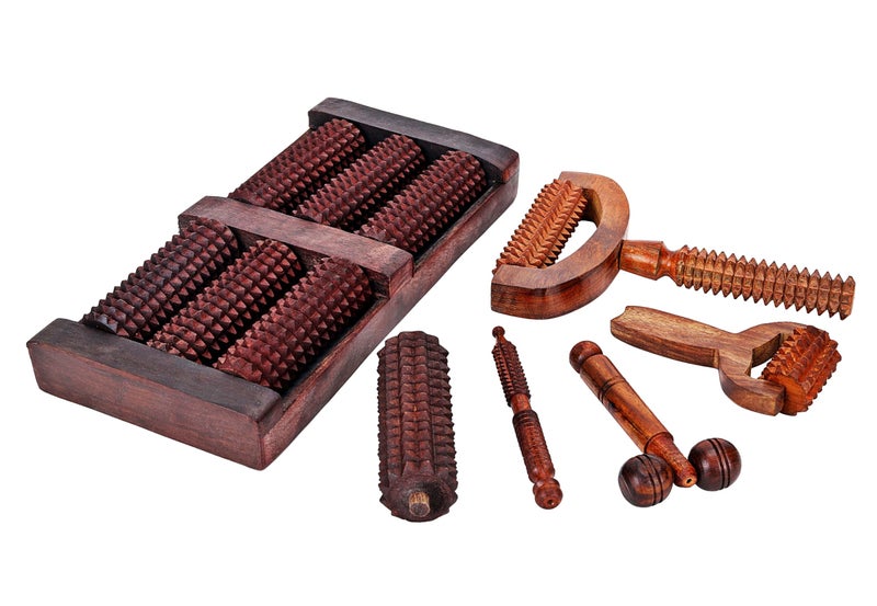 Flavoma (SET OF 6) Wooden Foot/Feet Massager Roller Stress Acupressure | T-Shape Massager | Wooden Face/Neck Massager | Balyantra Wooden Head Massager For Scalp | Palm Hand Massager for Pain Relief - Image 1