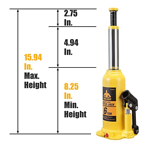 TORIN 6 Ton (12,000 LBs) Hydraulic Welded Bottle Jack,portable Jack with pump handle for cas,yellow,TH90604X - Image 2