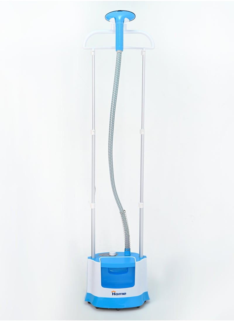 Home Garment Steamer Stand 1800 Watt Water tank capacity: 2.2L. Accessories: brush head, glove, and deluxe fold able clothes hanger. Self-Cleaning function. This professional full-size clothes steamer is made of high-quality materials and ultimate accessories, producing continuous and stable super heated steam. Powerful steam & vertical steam function. Adjustable thermostat control.  Overheat Safety Protection. Indicator light. Self-protection to prevent dry heating. Easy moving, innovative design. Extra-long life of heating unit. Thicker telescopic pole makes it more stable. The special clamp makes the dress in good shape.  - Image 1