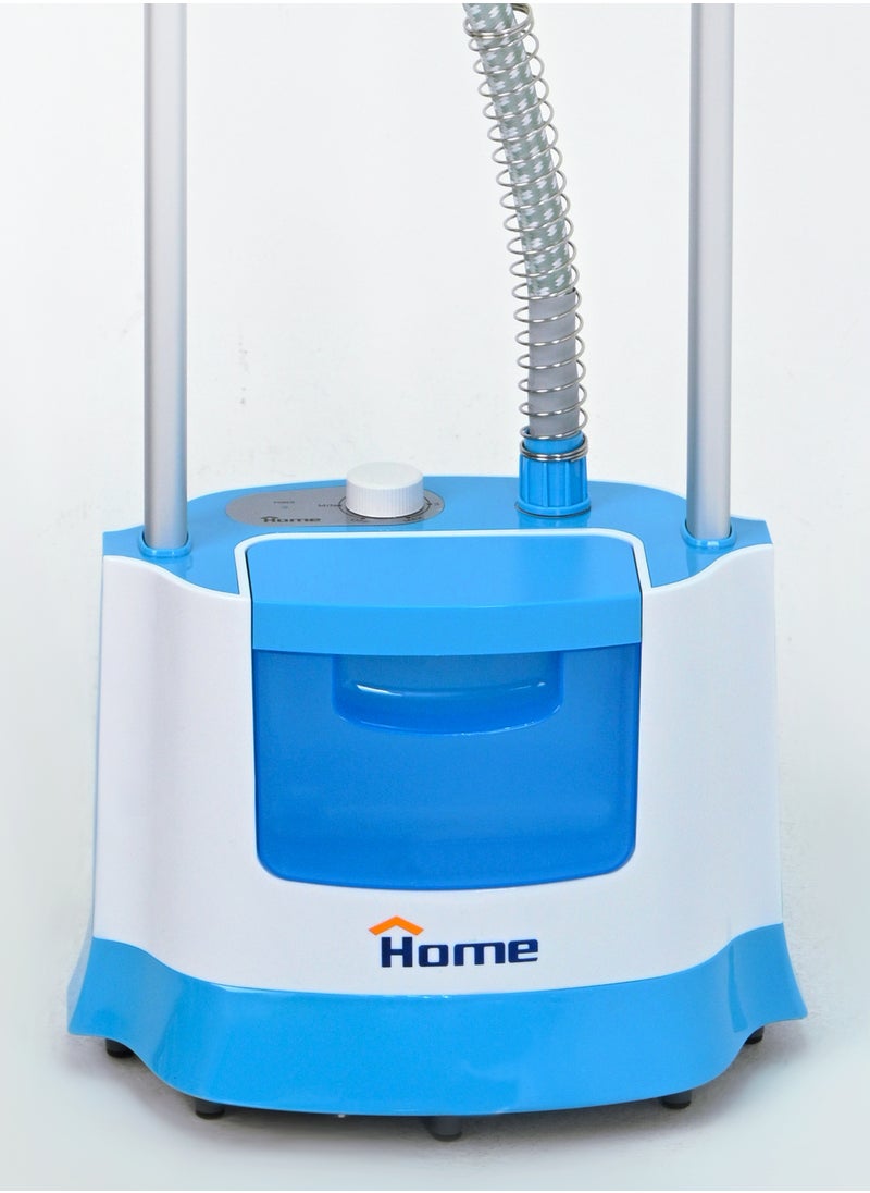 Home Garment Steamer Stand 1800 Watt Water tank capacity: 2.2L. Accessories: brush head, glove, and deluxe fold able clothes hanger. Self-Cleaning function. This professional full-size clothes steamer is made of high-quality materials and ultimate accessories, producing continuous and stable super heated steam. Powerful steam & vertical steam function. Adjustable thermostat control.  Overheat Safety Protection. Indicator light. Self-protection to prevent dry heating. Easy moving, innovative design. Extra-long life of heating unit. Thicker telescopic pole makes it more stable. The special clamp makes the dress in good shape.  - Image 2