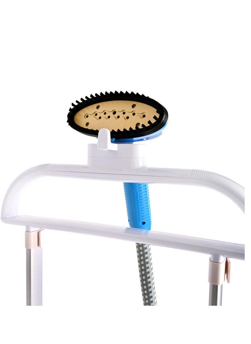 Home Garment Steamer Stand 1800 Watt Water tank capacity: 2.2L. Accessories: brush head, glove, and deluxe fold able clothes hanger. Self-Cleaning function. This professional full-size clothes steamer is made of high-quality materials and ultimate accessories, producing continuous and stable super heated steam. Powerful steam & vertical steam function. Adjustable thermostat control.  Overheat Safety Protection. Indicator light. Self-protection to prevent dry heating. Easy moving, innovative design. Extra-long life of heating unit. Thicker telescopic pole makes it more stable. The special clamp makes the dress in good shape.  - Image 3