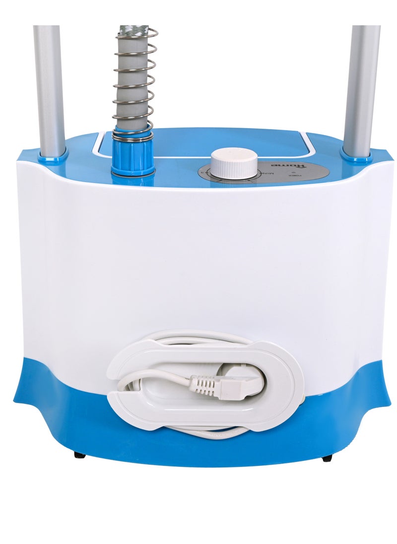 Home Garment Steamer Stand 1800 Watt Water tank capacity: 2.2L. Accessories: brush head, glove, and deluxe fold able clothes hanger. Self-Cleaning function. This professional full-size clothes steamer is made of high-quality materials and ultimate accessories, producing continuous and stable super heated steam. Powerful steam & vertical steam function. Adjustable thermostat control.  Overheat Safety Protection. Indicator light. Self-protection to prevent dry heating. Easy moving, innovative design. Extra-long life of heating unit. Thicker telescopic pole makes it more stable. The special clamp makes the dress in good shape.  - Image 4