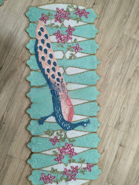 AIVIK Premium Handcrafted Beautiful Beaded Dinning Table Runner 13 X 36 Inches Multi Coloured Peacock Table Runner Fully Beaded