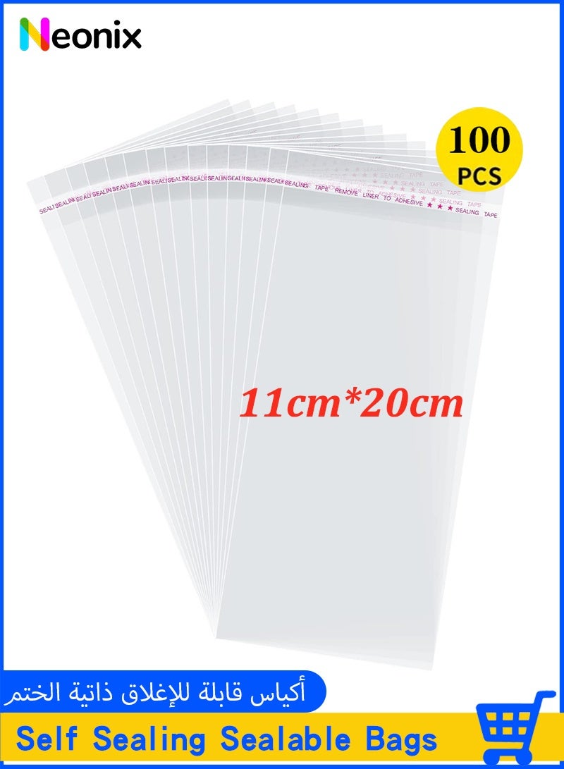 Neonix Self Sealing Cellophane Bags,11x20 cm 100 Pcs Clear Resealable Cellophane Bags for Packaging Cookies, Favors and Products - Image 1