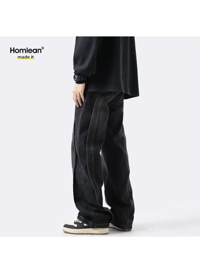Homlean American Retro Washed Denim Jeans Men's Spring And Summer High-end Patchwork Distressed Loose Straight Wide Leg 82 Black 3XL - Image 5