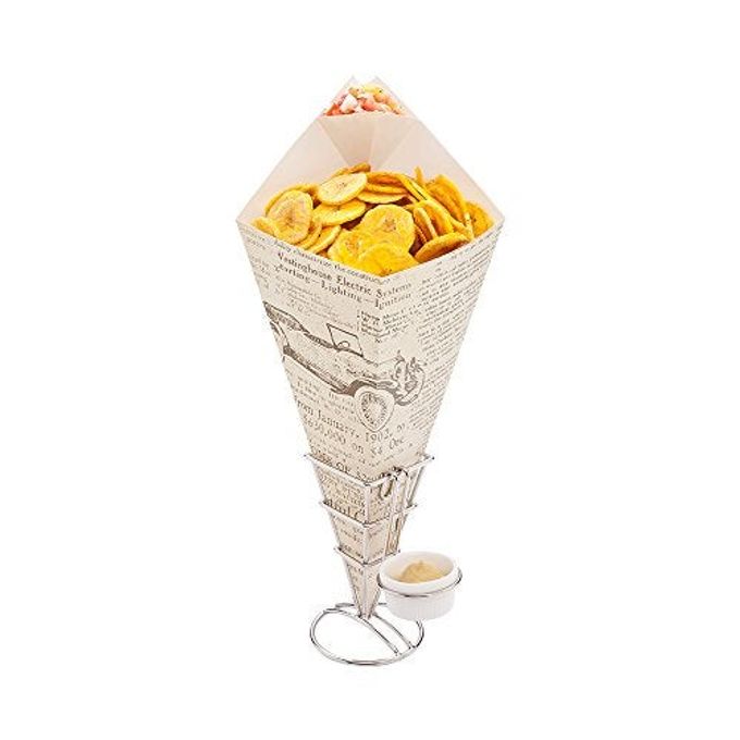 Restaurantware Cone Tek 15 Inch French Fry Cones, 100 Recyclable Food Cones - Built-In Sauce Cup Grease-Resistant Lining, Newsprint Paper Snack Cones, For Appetizers And Charcuterie - Restaurantware