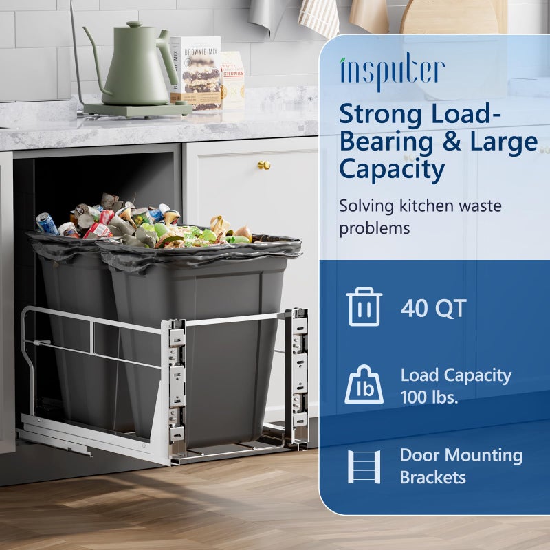 Insputer Double 40QT Pull Out Trash Can Under Cabinet, Heavy Duty Under Sink Garbage Bin Kit with Soft-Close Slides for Kitchen, Laundry, Requires Minimum Cabinets Opening 18" W X 24" D - Image 2