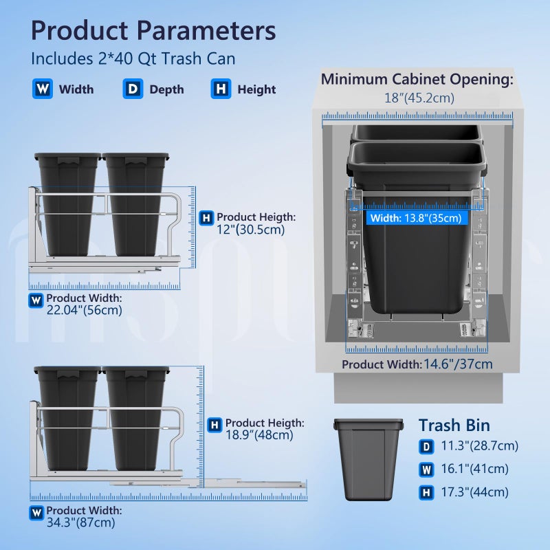 Insputer Double 40QT Pull Out Trash Can Under Cabinet, Heavy Duty Under Sink Garbage Bin Kit with Soft-Close Slides for Kitchen, Laundry, Requires Minimum Cabinets Opening 18" W X 24" D - Image 3