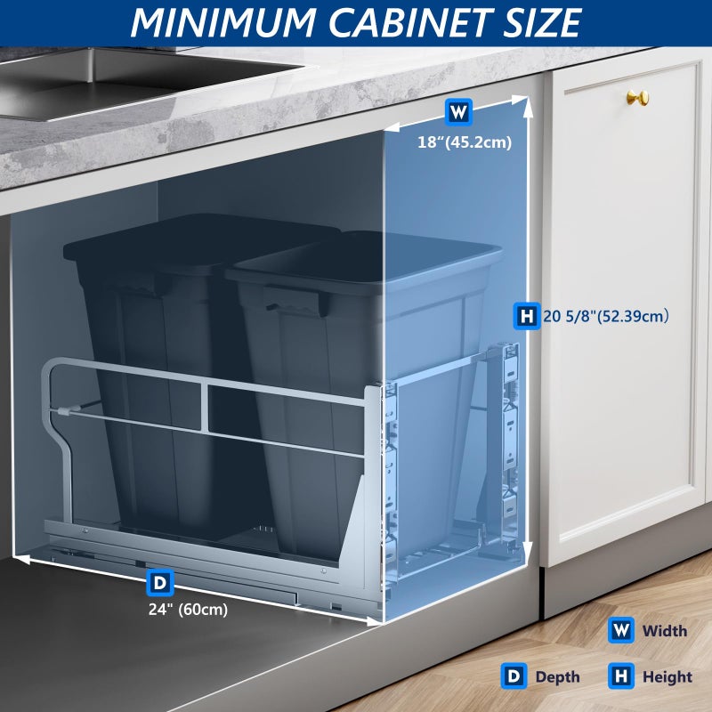 Insputer Double 40QT Pull Out Trash Can Under Cabinet, Heavy Duty Under Sink Garbage Bin Kit with Soft-Close Slides for Kitchen, Laundry, Requires Minimum Cabinets Opening 18" W X 24" D - Image 4