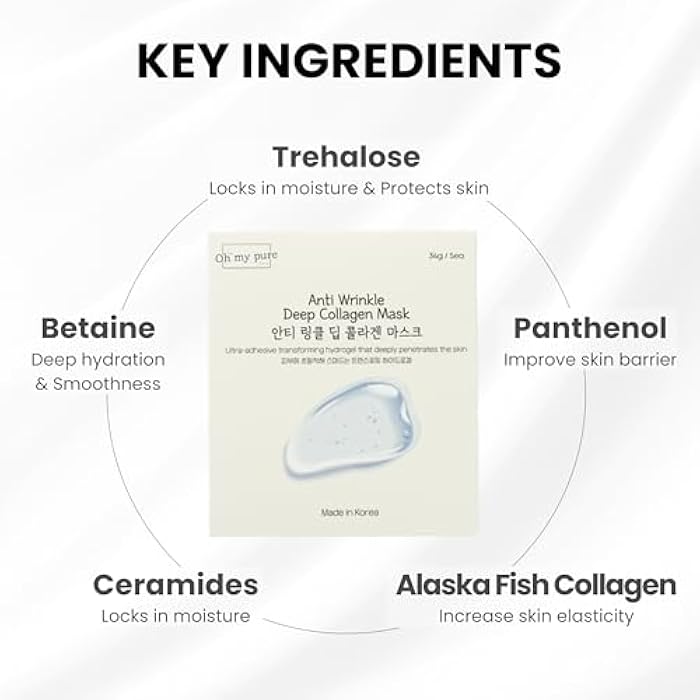 Oh My Pure Collagen Hydrogel AntiWrinkle Deep Face Mask 4+1 EA Ultimate Hydration, Improves Skin Texture, Affordable Luxury, Glowing Skin, Reduces Fine Lines & Wrinkles, Made in Korea OHMYPURE (5, Deep Collagen) - Image 4