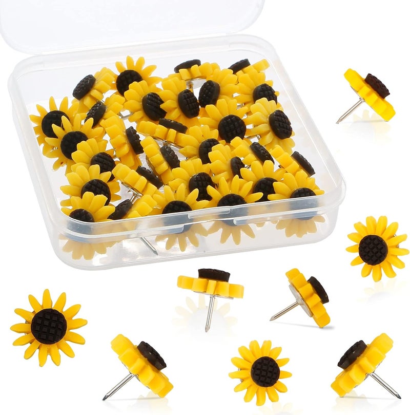 UHOMENY 20 Pieces Sunflower Push Pins, Flower Thumbtacks Decorative Drawing Pins Cork Board Tacks Sunflower Tacks with Box for Maps Photos Wall Bulletin Board Offices Schools Supplies - Image 1