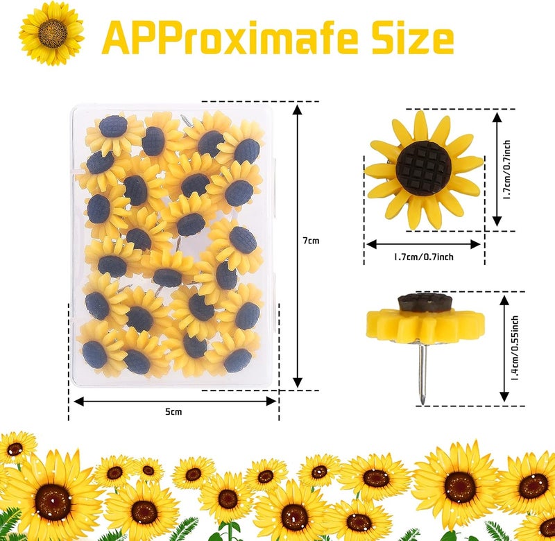 UHOMENY 20 Pieces Sunflower Push Pins, Flower Thumbtacks Decorative Drawing Pins Cork Board Tacks Sunflower Tacks with Box for Maps Photos Wall Bulletin Board Offices Schools Supplies - Image 2