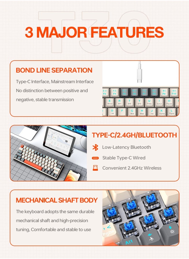 T-WOLF - 2.4G Wireless Wired Gasket Gaming Keyboard,63 Keys Blue Switch Mechanical Keyboard,Hot Swappable Gasket Mount with RGB Backlit - Image 1