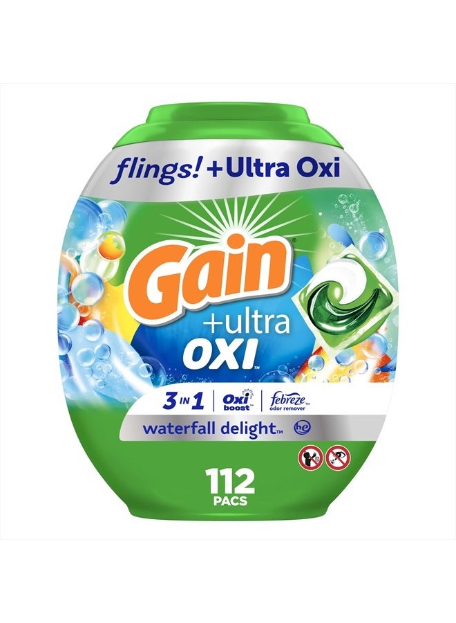 Gain flings Ultra Oxi Laundry Detergent Pacs, 112 Count, Waterfall Delight Scent, 3-in-1, HE Compatible  - Image 1