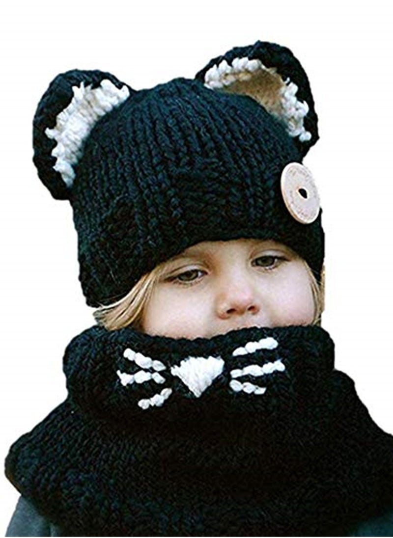 Generic Unisex Cute Winter Warm Knit Beanie Cap and Scarf Set for for Baby Kids 2-6 Years, Black  - Image 1