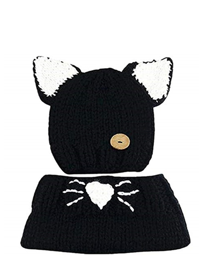 Generic Unisex Cute Winter Warm Knit Beanie Cap and Scarf Set for for Baby Kids 2-6 Years, Black  - Image 2