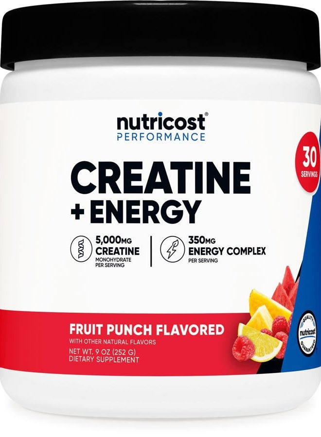 Nutricost Creatine + Energy 30 Servings (Fruit Punch Flavored) - 5,000mg Creatine Monohydrate + 350mg Energy Complex Per Serving - Image 1