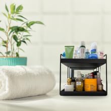 Cri8Hub 2-Tier Multistorage/Multipurpose Standing Rack, Bathroom Countertop Storage Shelf Cosmetic Organizer Holder Kitchen Spice Rack, Black - Metal - Image 3