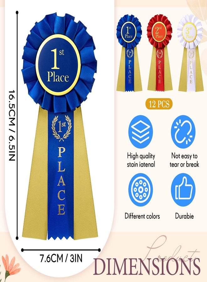 MTLEE 12 Pcs Award Ribbons 1st 2nd 3rd Place Ribbon Participation First Second Third Medal Rosette Winner Prize for School Classroom Recognition, Blue, Red, White, 6.5 x 3 Inch - Image 2