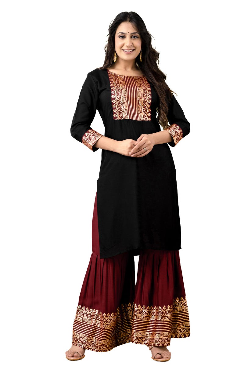 Chandrakala Kurti Sharara Set For Women Rayon Tunic Suit Sets Indian Summer Dress Black,XX-Large (K240BLA5) - Image 1