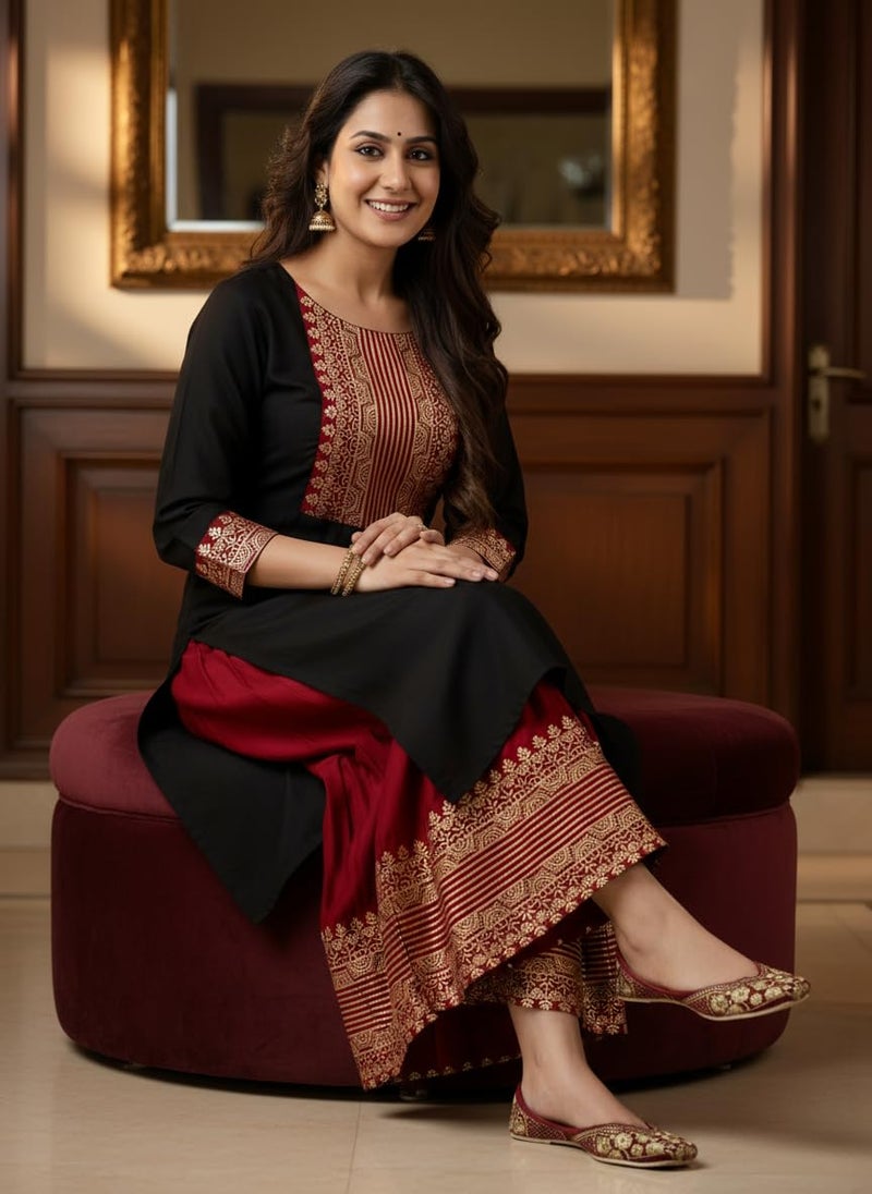 Chandrakala Kurti Sharara Set For Women Rayon Tunic Suit Sets Indian Summer Dress Black,XX-Large (K240BLA5) - Image 5
