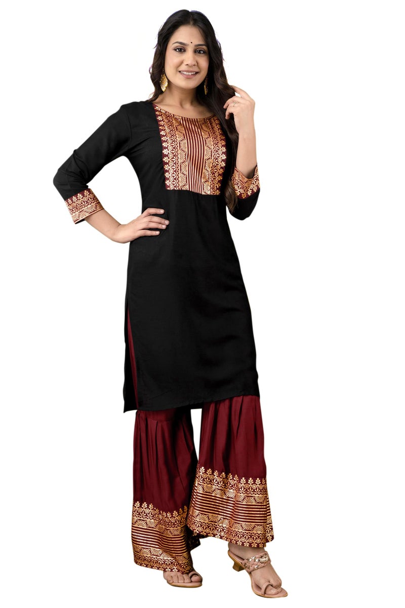 Chandrakala Kurti Sharara Set For Women Rayon Tunic Suit Sets Indian Summer Dress Black,XX-Large (K240BLA5) - Image 2