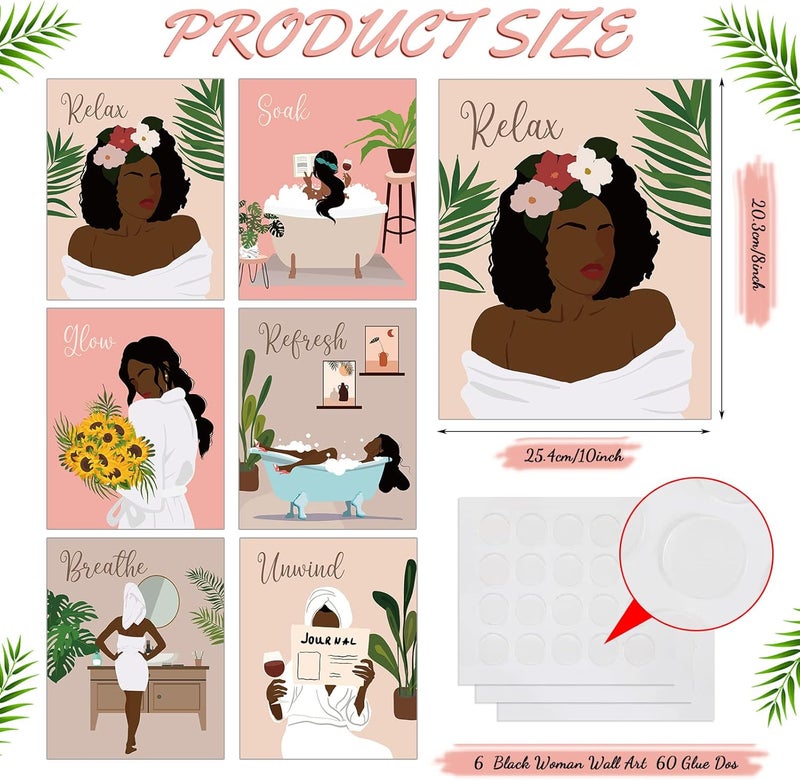 كلاراكو 6 قطع ديكور حائط حمام لامرأة سوداء، لوحات فنية تحفيزية لفتاة أمريكية أفريقية سوداء، ملصقات فنية بوهو بدون إطار، ديكور للحمام والمنزل وغرفة النوم وغرفة المعيشة ولوازم السبا - Image 2