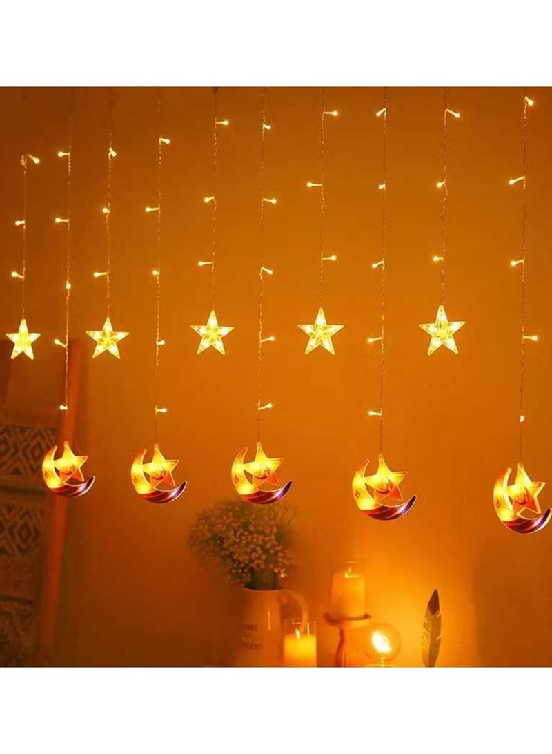ضوء رمضان 3.5 متر للديكور المنزلي، ضوء زخرفي متعدد الأوضاع، تصميم القمر والنجمة، ضوء ستارة رمضان، أبيض دافئ