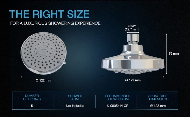 Kohler Rain Duet Shower Head for Bathroom - Polished Chrome Finish - 127mm Multifunction Geometric Overhead Shower - Katalyst Air-induction Spray Technology - 5 Types of Spray Combinations 23658IN-CP, Metal - Image 3