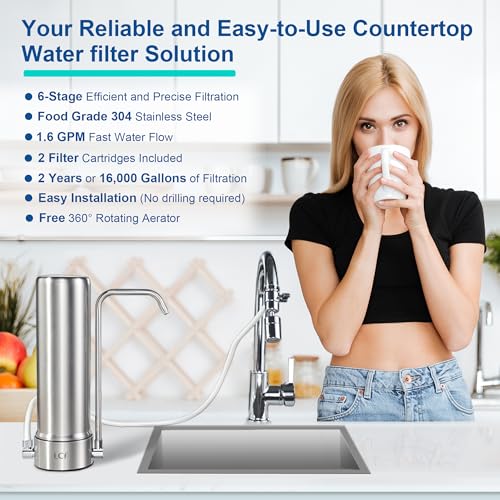 LCF Upgrade Countertop Water Filter, 𝐒𝐢𝐥𝐯𝐞𝐫 𝐈𝐨𝐧𝐬 Enhanced 6-Stage Stainless Steel Water Filter for Sink Faucet, Reduces Heavy Metals, Bad Taste & 99% Chlorine, 16,000 Gallons(2 Filters) - Image 5