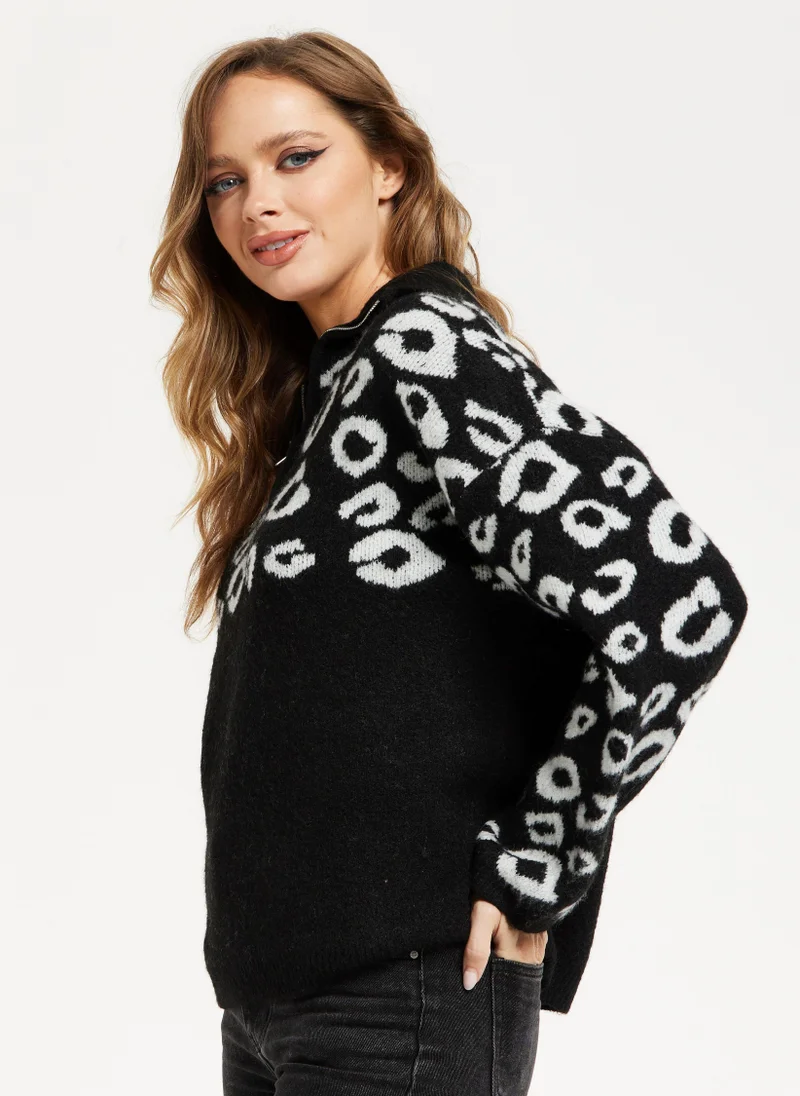 Liquorish Jacquard Animal Pattern Jumper Zip Front