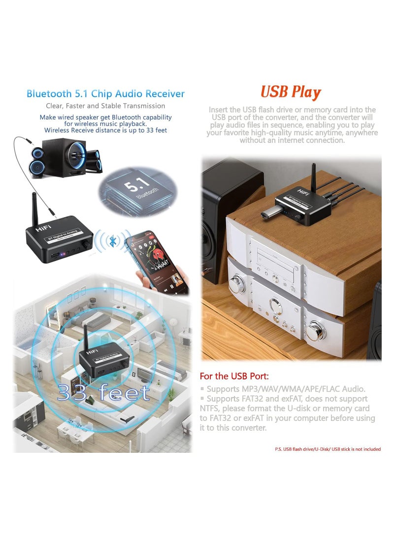 SYOSI محول صوت رقمي إلى تناظري 192 كيلو هرتز، محول مقبس DAC بصري Toslink SPDIF إلى L/R RCA AUX 3.5 مم، مستقبل بلوتوث، مشغل MP3 USB، حجم قابل للتعديل، للتلفزيون PS3 PS4 Xbox DVD Home Stereo - Image 5