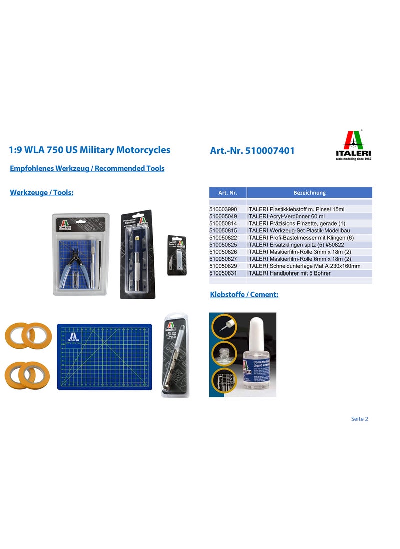 ITALERI Italeri Harley Davidson WLA 750 WWII Military Motorcycle 1:9 Scale - Plastic Model Kit 7401  - Image 3