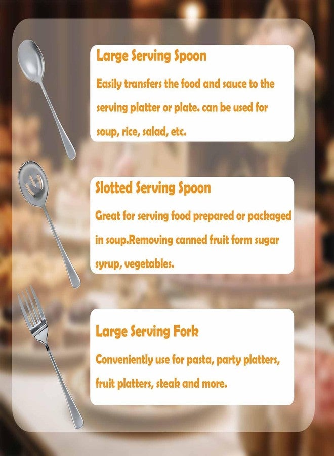 LAPOHI 6 PCS Stainless Steel Serving Utensils Set Large Spoons Forks Ice Tongs Cake Finisher Soup Ladle for Buffet Catering Party Silver - Image 3