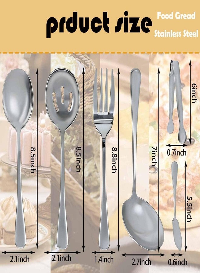 LAPOHI 6 PCS Stainless Steel Serving Utensils Set Large Spoons Forks Ice Tongs Cake Finisher Soup Ladle for Buffet Catering Party Silver - Image 2
