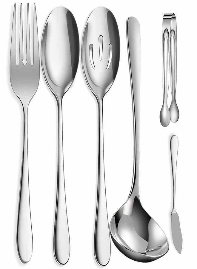 LAPOHI 6 PCS Stainless Steel Serving Utensils Set Large Spoons Forks Ice Tongs Cake Finisher Soup Ladle for Buffet Catering Party Silver - Image 1