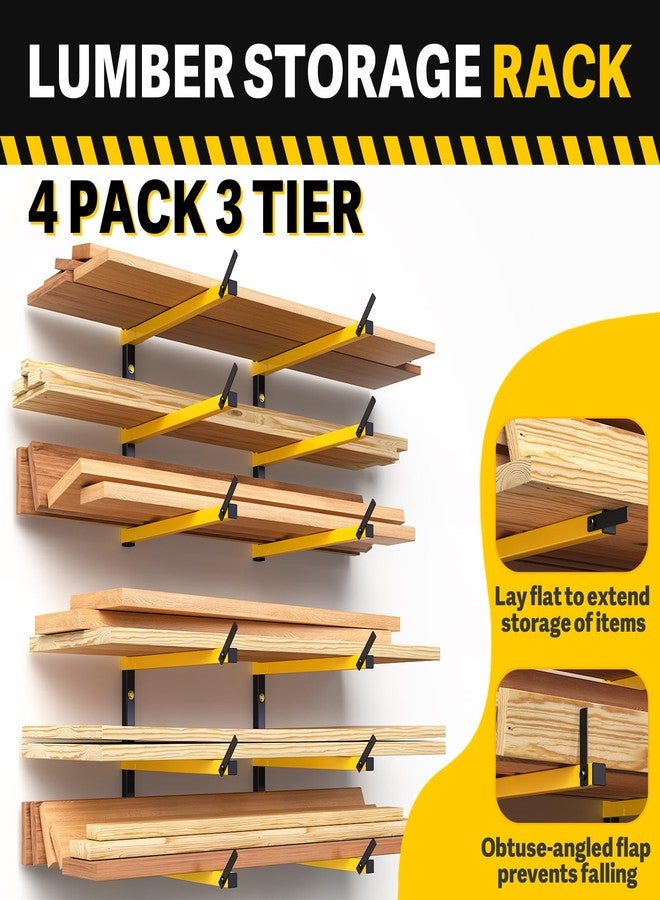 GREENER Lumber Storage Rack Folding Wood Storage Racks Wall-Mounted Metal Racks for Storage with 3-Level Heavy Duty Garage Wood Organizer for Woodworking Shop Indoor & Outdoor Use, 4 pairs,Yellow - Image 4