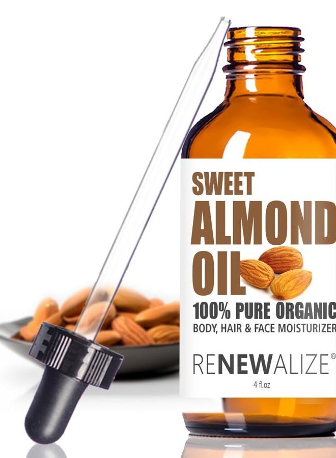 Renewalize Organic Sweet Almond Oil MOISTURIZER - in 4 oz Glass Bottle with Dropper | Unrefined Cold Pressed Skincare Lotion | Essential Natural Personal Massage Oils for The Skin and Body - Image 1
