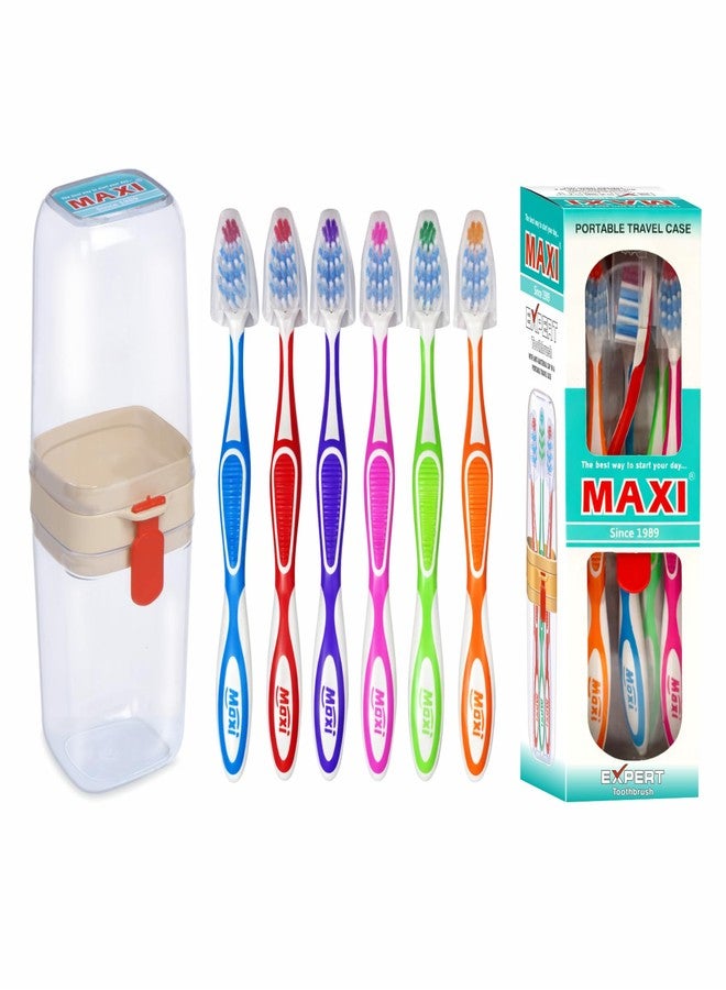 MAXI Expert Soft Bristles Toothbrush with Cap & Toothbrush Container for Travel, Deep Cleaning Oral Care, Hygienic Storage Cover Case | Multicolor Pack of 6 - Image 1