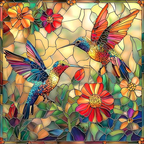 MINIWAN Stained Glass Flower Bird Puzzles for Adults 500 Pieces Colorful Mosaic Hummingbird Jigsaw Puzzles 500 Pieces with Letters on Back Hard Impossible Difficult Challenging Family Puzzle 20X20 - Image 1