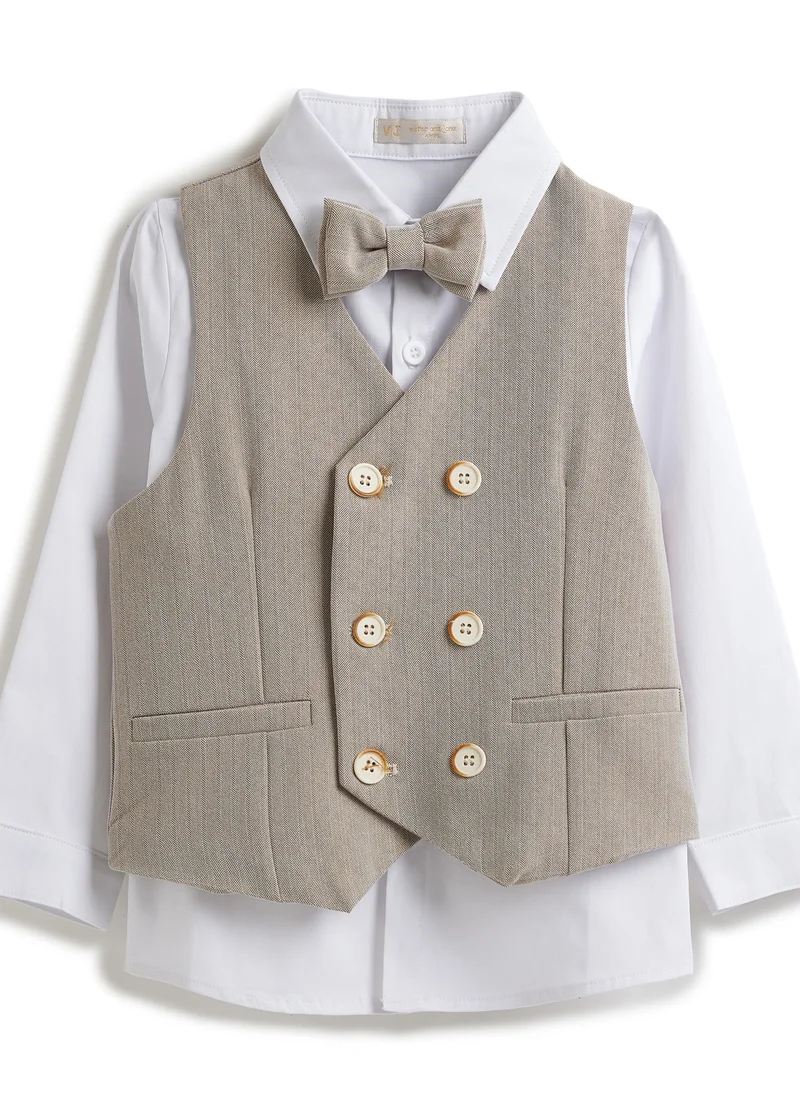 victor and jane Ecru/Taupe Waistcoat And Pant Set With Shirt And Bow Tie