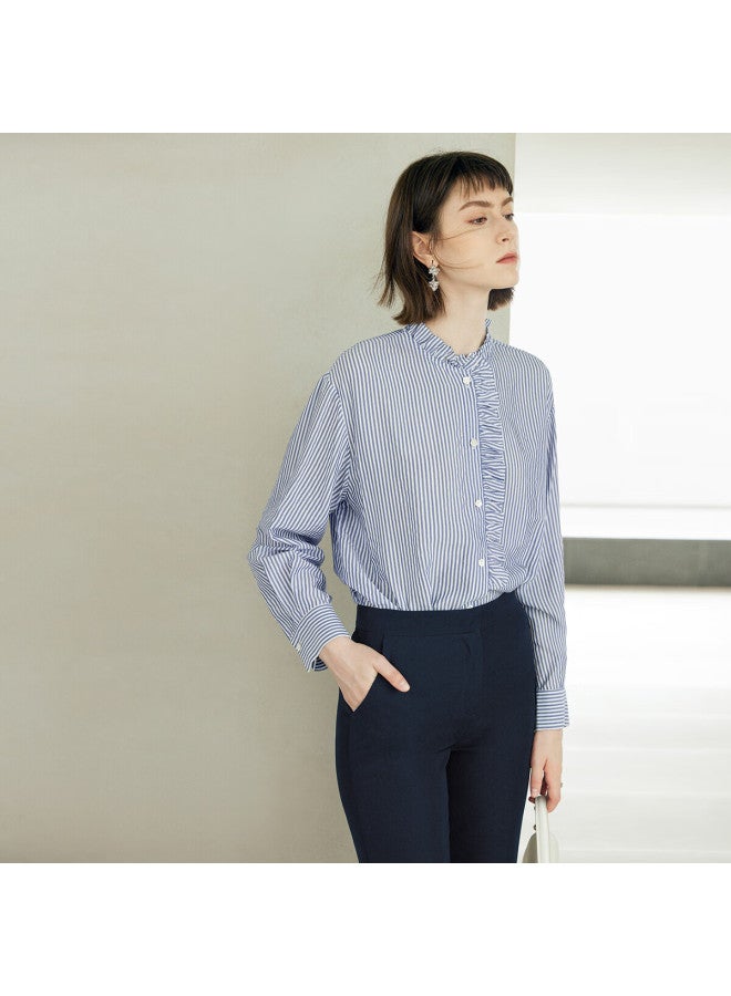 Yanyee Fashion Striped Blue Shirt Women Autumn Commuter Simple Long Sleeve Top Blue Stripes Xxl/44 - Image 1