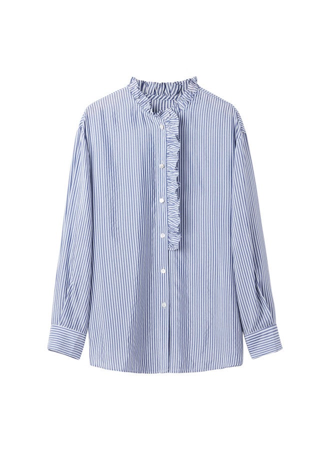Yanyee Fashion Striped Blue Shirt Women Autumn Commuter Simple Long Sleeve Top Blue Stripes Xxl/44 - Image 4