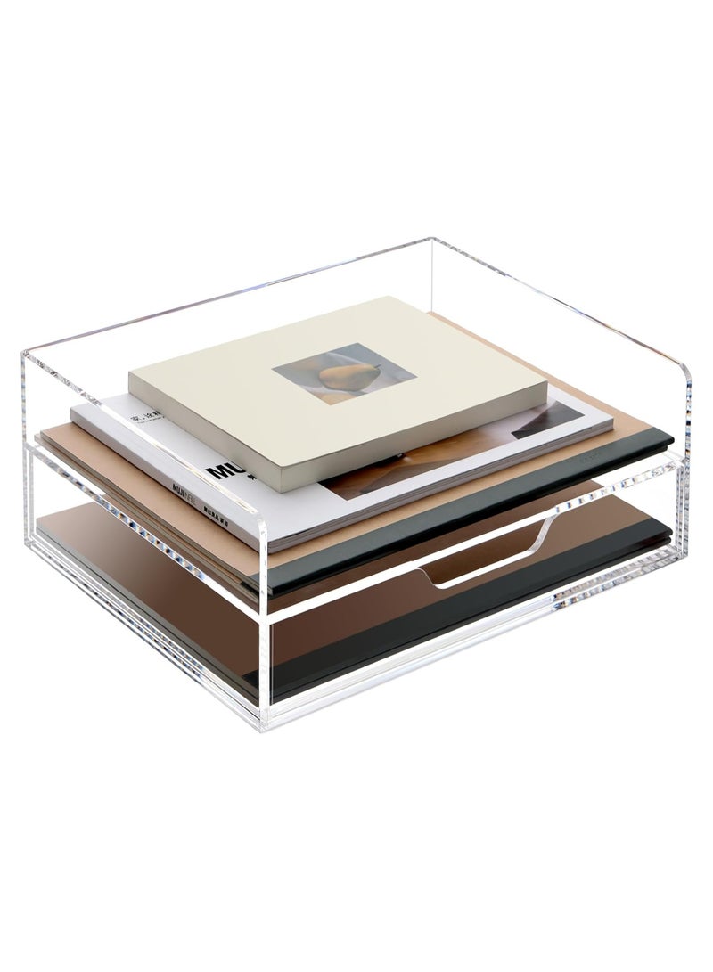 TPGP Acrylic Desk Organizer with Drawer, 2 Tier Paper Tray for Letter/A4 Printer Paper/Magazine, Home Office Supplies - Image 1