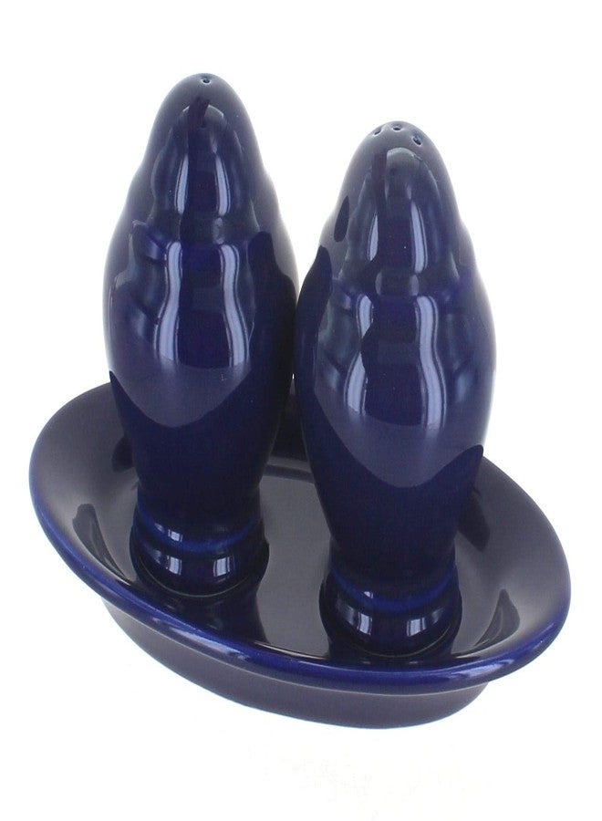 Blue Rose Polish Pottery - Blue Cobalt Salt & Pepper Shakers with Plate - 7.5" Tall - Hand-Painted Ceramic Seasoning Set for Table & Kitchen