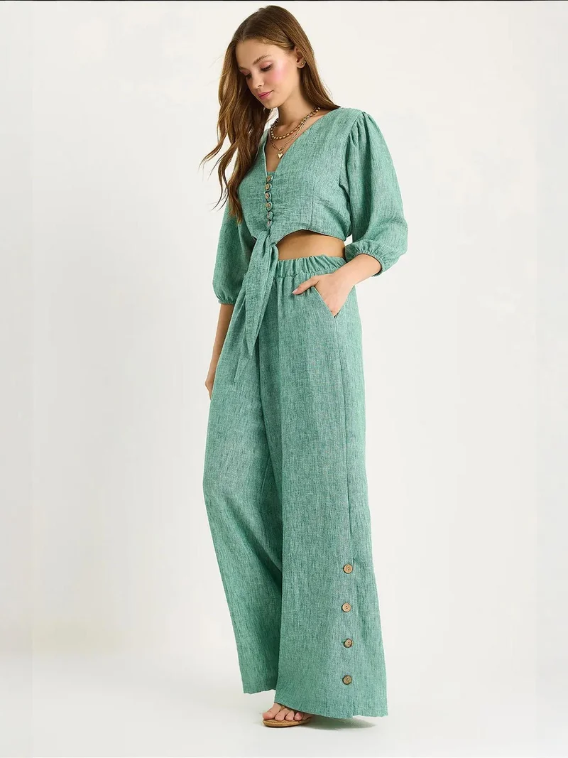 LUCCI Textured V-Neck Long Sleeve Two-Piece Coord Set