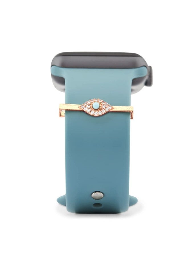 MINUTIAE Evil Eye Decorative Ring Loops Jewellery Accessories Compatible with Smart Watch Silicone Band Strap - Rose Gold | Charm Solitaire Crystals Cubic Zirconia Sparkling Diamond with Blue Stone - Image 1